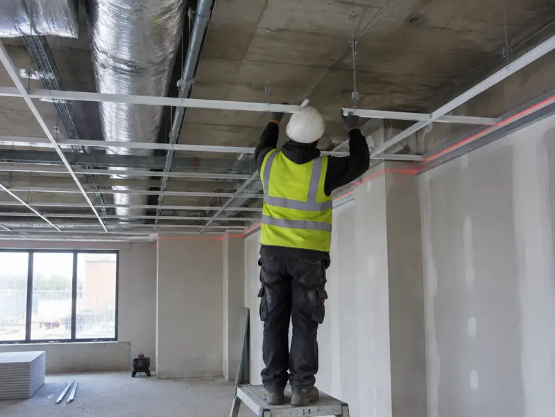 Ceiling fixer clipping cross tees into a new suspended ceiling grid in a stripped commercial unit