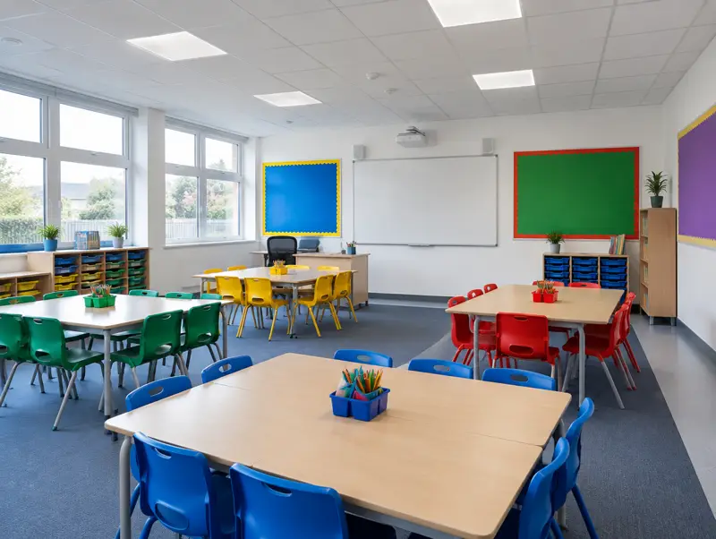 Primary school classroom with a white acoustic suspended ceiling