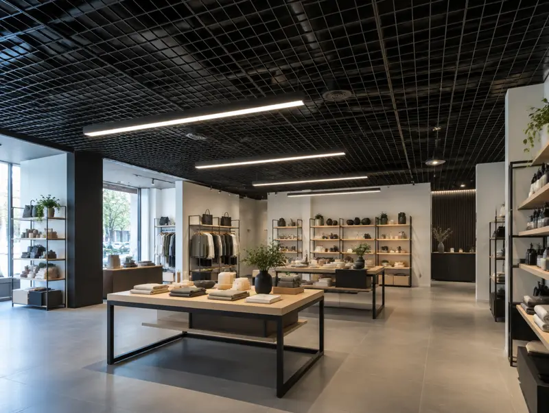 Retail interior with an open cell metal ceiling