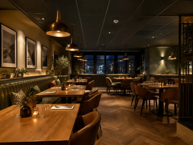 Restaurant with a dark grey acoustic ceiling and pendant lights