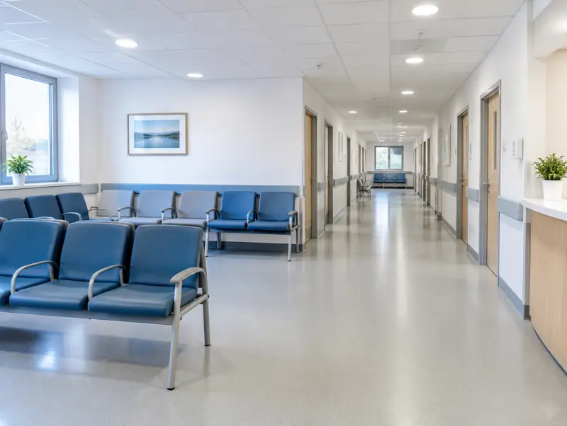 Clinic waiting area with a clean white suspended ceiling